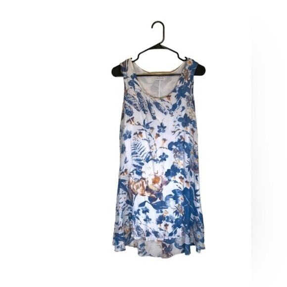 Dresses & Skirts - Femme Floral Dress Silk Blend White Blue Size Medium